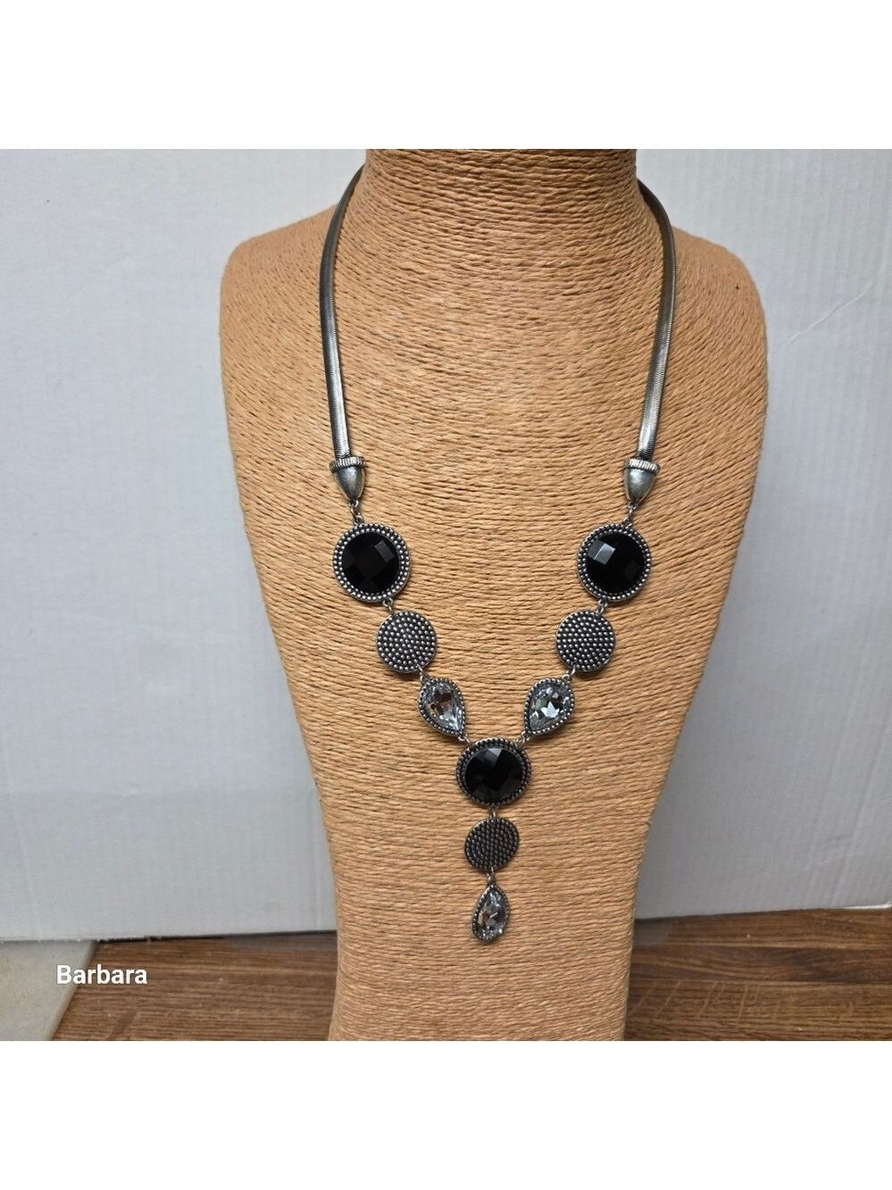 Vintage Black & Silver-tone Y-shape Statement Necklace